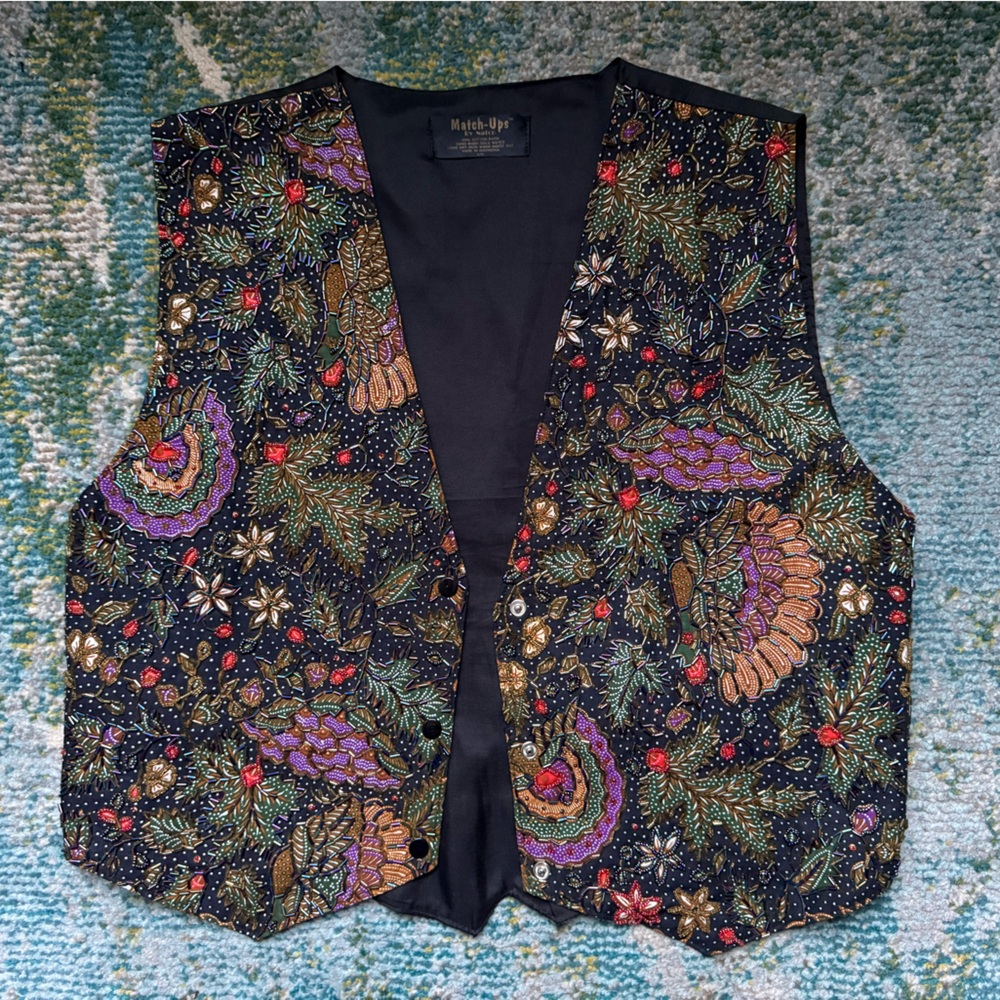 Vintage Match-Ups cotton batik beaded floral black boho vest, size large XL